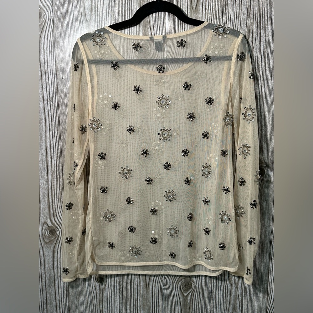 $128 Ann Taylor Nude Beaded Mesh Top Sz Small - Picture 7 of 7